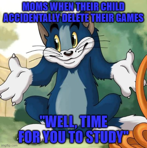 moms when kids losing their games | MOMS WHEN THEIR CHILD ACCIDENTALLY DELETE THEIR GAMES; "WELL, TIME FOR YOU TO STUDY" | image tagged in tom and jerry - tom who knows hd,moms,funny,funny memes | made w/ Imgflip meme maker