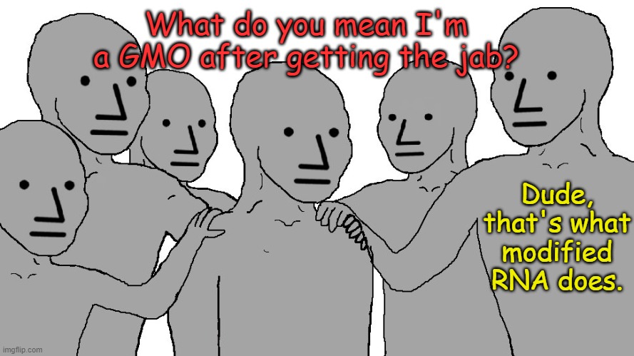 NPC Wojack | What do you mean I'm a GMO after getting the jab? Dude, that's what modified RNA does. | image tagged in npc wojack | made w/ Imgflip meme maker