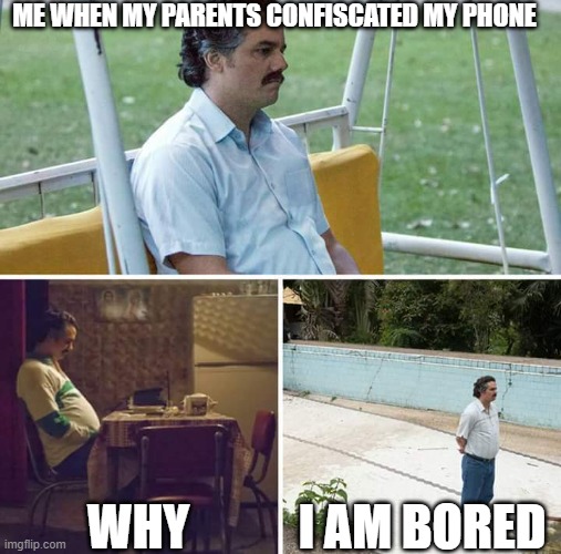 Sad Pablo Escobar | ME WHEN MY PARENTS CONFISCATED MY PHONE; WHY; I AM BORED | image tagged in memes,sad pablo escobar | made w/ Imgflip meme maker