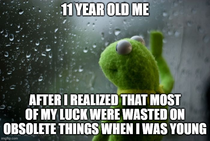 Just a rainy day... | 11 YEAR OLD ME; AFTER I REALIZED THAT MOST OF MY LUCK WERE WASTED ON OBSOLETE THINGS WHEN I WAS YOUNG | image tagged in kermit window | made w/ Imgflip meme maker