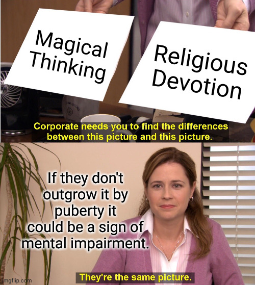 Only 1 in 4 people is retarded? That's optimistic. | Magical Thinking; Religious Devotion; If they don't outgrow it by puberty it could be a sign of mental impairment. | image tagged in memes,they're the same picture | made w/ Imgflip meme maker