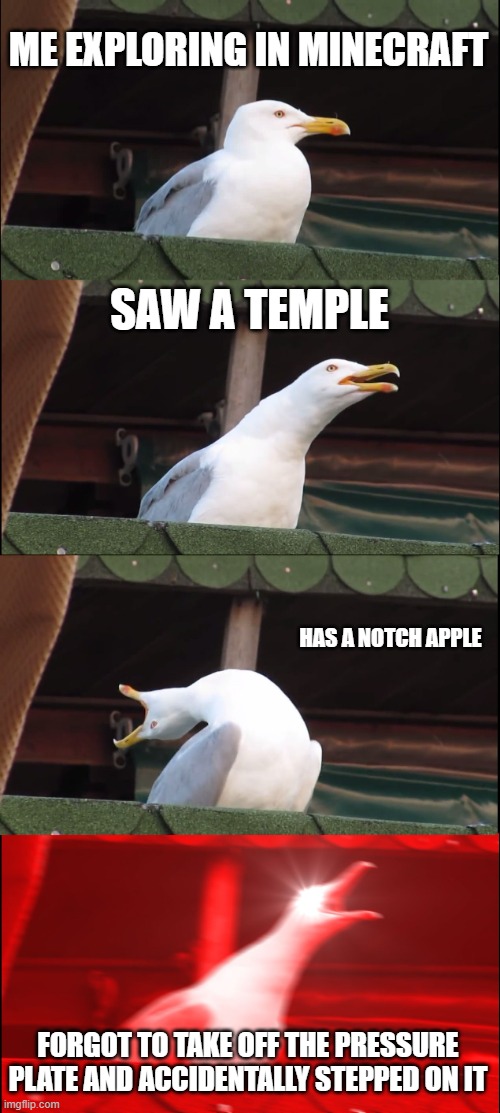 Minecraft meme | ME EXPLORING IN MINECRAFT; SAW A TEMPLE; HAS A NOTCH APPLE; FORGOT TO TAKE OFF THE PRESSURE PLATE AND ACCIDENTALLY STEPPED ON IT | image tagged in memes,inhaling seagull | made w/ Imgflip meme maker
