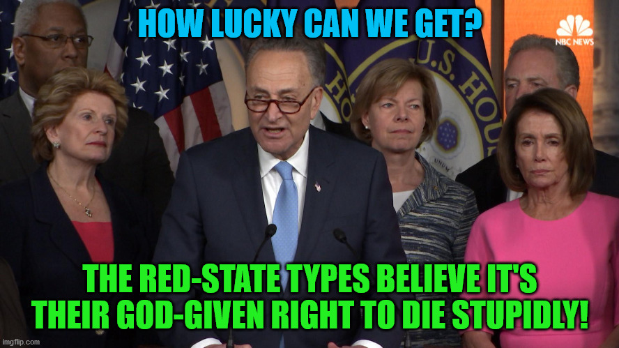 Democrat congressmen | HOW LUCKY CAN WE GET? THE RED-STATE TYPES BELIEVE IT'S THEIR GOD-GIVEN RIGHT TO DIE STUPIDLY! | image tagged in democrat congressmen | made w/ Imgflip meme maker