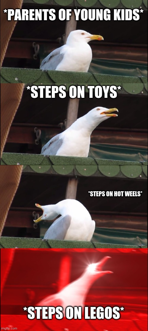 Billy get these legos out of here!! | *PARENTS OF YOUNG KIDS*; *STEPS ON TOYS*; *STEPS ON HOT WEELS*; *STEPS ON LEGOS* | image tagged in memes,inhaling seagull | made w/ Imgflip meme maker