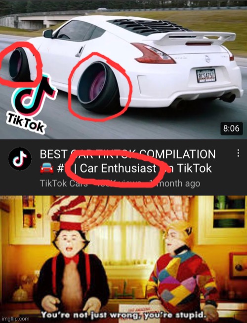 Car enthusiasts improve their car and not ruin it | image tagged in your not just wrong your stupid,memes,youtube,tiktok,tik tok sucks,automotive | made w/ Imgflip meme maker