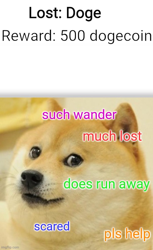 10 upvotes and i will put this up in my neighboorhood | Lost: Doge; Reward: 500 dogecoin; such wander; much lost; does run away; scared; pls help | image tagged in memes,doge,lost doge poster | made w/ Imgflip meme maker