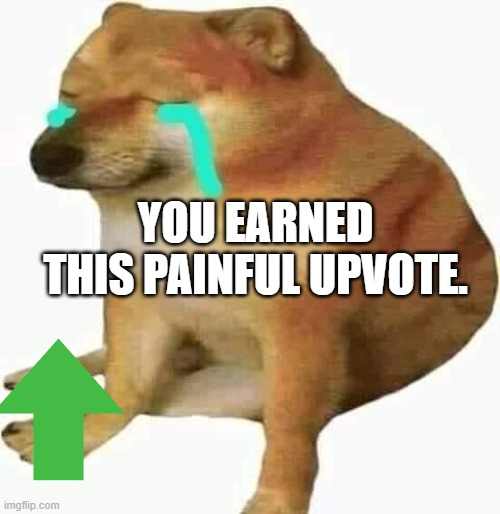 cheems crying | YOU EARNED THIS PAINFUL UPVOTE. | image tagged in cheems crying | made w/ Imgflip meme maker