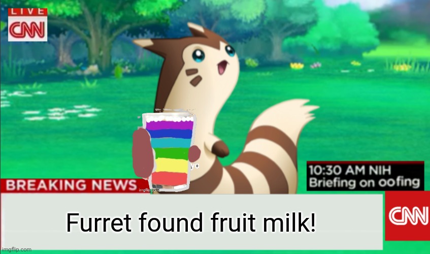 Furret found new milk! | Furret found fruit milk! | image tagged in breaking news furret,furret,pokemon,rainbow,milk | made w/ Imgflip meme maker