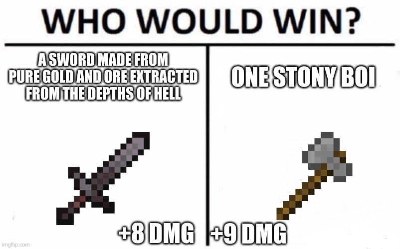 Who Would Win? | A SWORD MADE FROM PURE GOLD AND ORE EXTRACTED FROM THE DEPTHS OF HELL; ONE STONY BOI; +8 DMG; +9 DMG | image tagged in memes,who would win | made w/ Imgflip meme maker