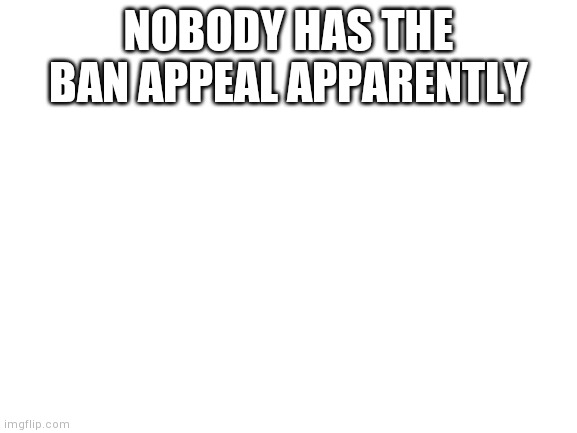 Ban appeal? | NOBODY HAS THE BAN APPEAL APPARENTLY | image tagged in blank white template | made w/ Imgflip meme maker