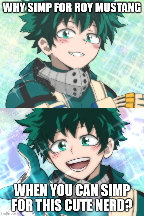 >:3 | WHY SIMP FOR ROY MUSTANG; WHEN YOU CAN SIMP FOR THIS CUTE NERD? | image tagged in deku i want to see your cute face | made w/ Imgflip meme maker