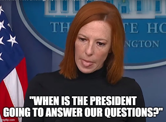 Jen Puhsaki | "WHEN IS THE PRESIDENT GOING TO ANSWER OUR QUESTIONS?" | image tagged in jen jen puhsaki | made w/ Imgflip meme maker