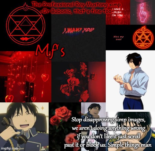 I am a professional Roy Mustang simp | Mf's; Stop disapproving simp images, we aren't doing anything wrong if you don't like it just scroll past it or block us. Simple things man | image tagged in i am a professional roy mustang simp | made w/ Imgflip meme maker