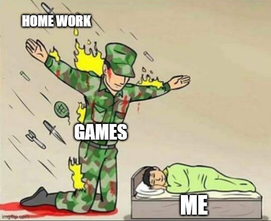 Home Wok Meme | HOME WORK; GAMES; ME | image tagged in soldier protecting sleeping child | made w/ Imgflip meme maker