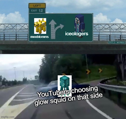 how the minecraft 1:17 vote does | mooblomms; iceologers; YouTubers choosing glow squid on that side | image tagged in memes,left exit 12 off ramp | made w/ Imgflip meme maker