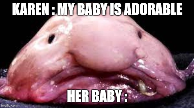 awww | KAREN : MY BABY IS ADORABLE; HER BABY : | image tagged in blobfish | made w/ Imgflip meme maker
