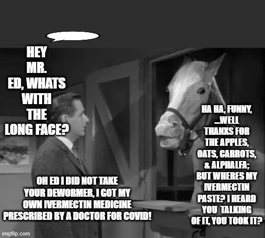 Mr. Ed | HEY MR. ED, WHATS WITH THE LONG FACE? HA HA, FUNNY,
...WELL THANXS FOR THE APPLES, OATS, CARROTS, & ALPHALFA; BUT WHERES MY IVERMECTIN PASTE? I HEARD YOU  TALKING OF IT, YOU TOOK IT? OH ED I DID NOT TAKE YOUR DEWORMER, I GOT MY OWN IVERMECTIN MEDICINE PRESCRIBED BY A DOCTOR FOR COVID! | image tagged in mr ed ivermectin,covid-19,pandemic,medicine,nobel prize,bill gates loves vaccines | made w/ Imgflip meme maker