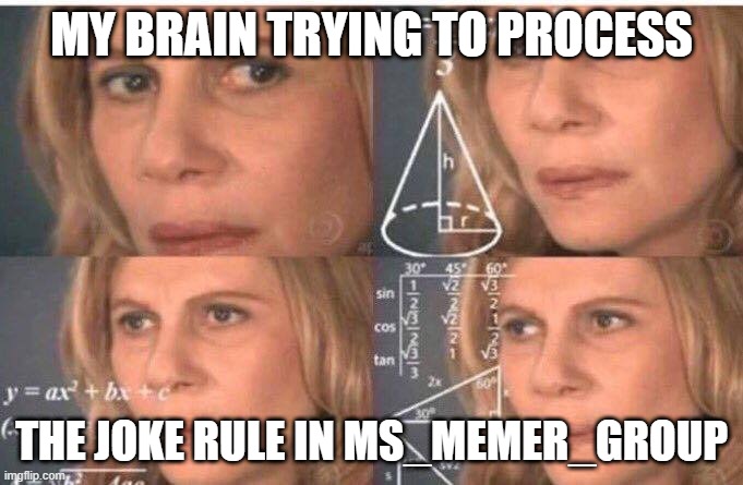 I'm confused | MY BRAIN TRYING TO PROCESS; THE JOKE RULE IN MS_MEMER_GROUP | image tagged in math lady/confused lady | made w/ Imgflip meme maker