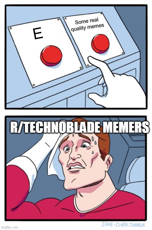 Two Buttons | Some real quality memes; E; R/TECHNOBLADE MEMERS | image tagged in memes,two buttons | made w/ Imgflip meme maker