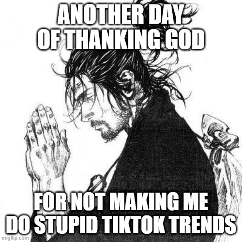 Evasion of Stupidity | ANOTHER DAY OF THANKING GOD; FOR NOT MAKING ME DO STUPID TIKTOK TRENDS | image tagged in another day of thanking god | made w/ Imgflip meme maker