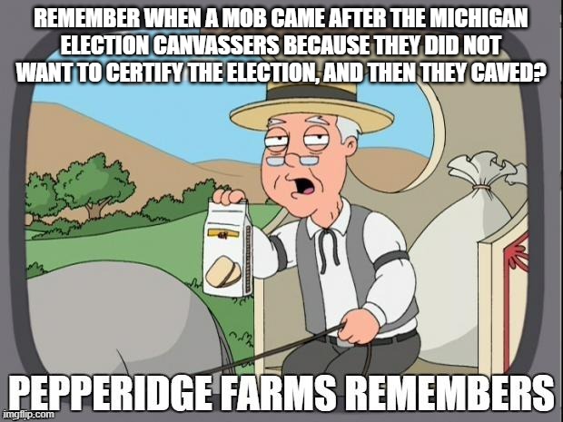 PEPPERIDGE FARMS REMEMBERS | REMEMBER WHEN A MOB CAME AFTER THE MICHIGAN ELECTION CANVASSERS BECAUSE THEY DID NOT WANT TO CERTIFY THE ELECTION, AND THEN THEY CAVED? | image tagged in pepperidge farms remembers | made w/ Imgflip meme maker