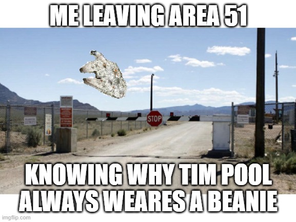 leaving area 51 | ME LEAVING AREA 51; KNOWING WHY TIM POOL ALWAYS WEARES A BEANIE | image tagged in leaving area 51 | made w/ Imgflip meme maker