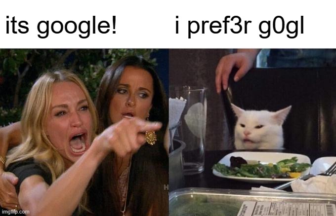 Woman Yelling At Cat | its google! i pref3r g0gl | image tagged in memes,woman yelling at cat | made w/ Imgflip meme maker