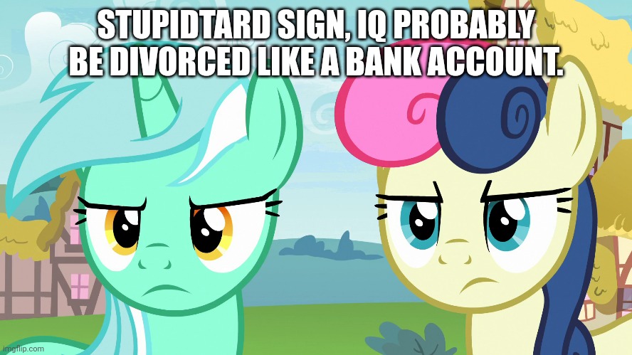 STUPIDTARD SIGN, IQ PROBABLY BE DIVORCED LIKE A BANK ACCOUNT. | image tagged in bon bon,lyra,my little pony friendship is magic | made w/ Imgflip meme maker
