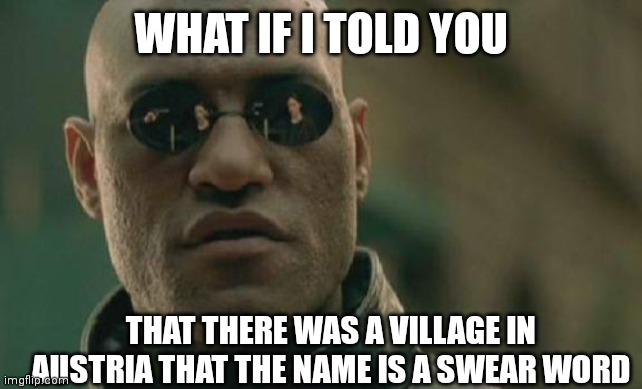 Matrix Morpheus | WHAT IF I TOLD YOU; THAT THERE WAS A VILLAGE IN AUSTRIA THAT THE NAME IS A SWEAR WORD | image tagged in memes,matrix morpheus,austria | made w/ Imgflip meme maker