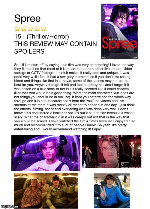 Spree - Movie Review | image tagged in spree,movie,review,horror,thriller,five stars | made w/ Imgflip meme maker