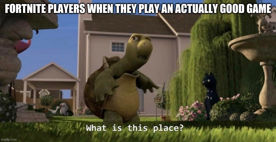 I'm glad i quit fortnite | FORTNITE PLAYERS WHEN THEY PLAY AN ACTUALLY GOOD GAME | image tagged in what is this place | made w/ Imgflip meme maker