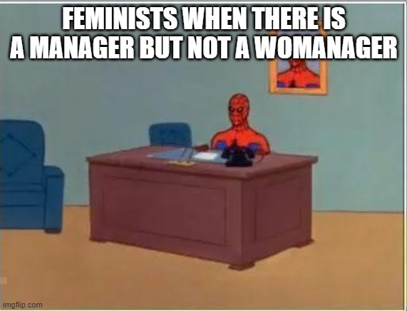 This took alot of big brain thinking to come up with | FEMINISTS WHEN THERE IS A MANAGER BUT NOT A WOMANAGER | image tagged in memes,spiderman computer desk,spiderman | made w/ Imgflip meme maker