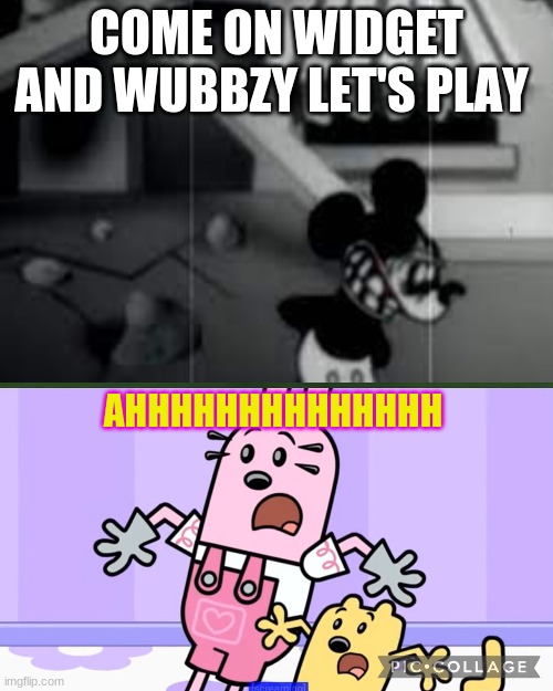 Widget and wubbzy scared of the suicide mouse | COME ON WIDGET AND WUBBZY LET'S PLAY; AHHHHHHHHHHHHHH | image tagged in suicide mouse,wubbzy,creepypasta,memes | made w/ Imgflip meme maker