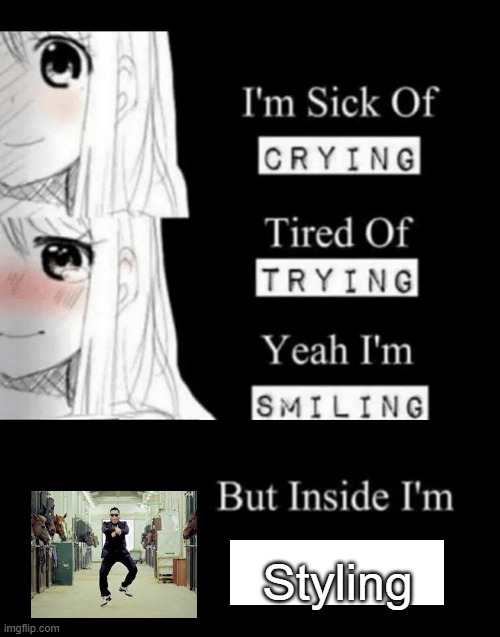 Styling | Styling | image tagged in i'm sick of crying | made w/ Imgflip meme maker