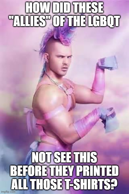 Gay Unicorn | HOW DID THESE "ALLIES" OF THE LGBQT NOT SEE THIS BEFORE THEY PRINTED ALL THOSE T-SHIRTS? | image tagged in gay unicorn | made w/ Imgflip meme maker
