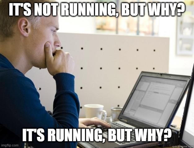 Visual confusion of a Prorammer | IT'S NOT RUNNING, BUT WHY? IT'S RUNNING, BUT WHY? | image tagged in programmer,programming,memes,so true memes,coding | made w/ Imgflip meme maker