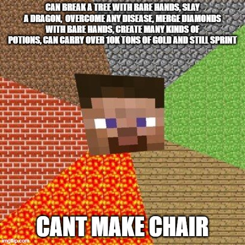 lololololololololololololololol | CAN BREAK A TREE WITH BARE HANDS, SLAY A DRAGON,  OVERCOME ANY DISEASE, MERGE DIAMONDS WITH BARE HANDS, CREATE MANY KINDS OF POTIONS, CAN CARRY OVER 10K TONS OF GOLD AND STILL SPRINT; CANT MAKE CHAIR | image tagged in minecraft steve | made w/ Imgflip meme maker