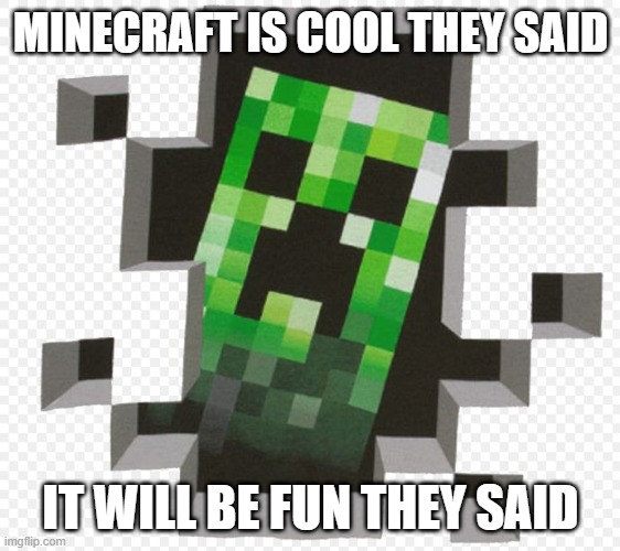 Minecraft Creeper | MINECRAFT IS COOL THEY SAID; IT WILL BE FUN THEY SAID | image tagged in minecraft creeper | made w/ Imgflip meme maker