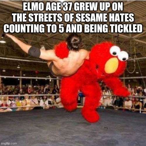 Elmo wrestling | ELMO AGE 37 GREW UP ON THE STREETS OF SESAME HATES COUNTING TO 5 AND BEING TICKLED | image tagged in elmo wrestling | made w/ Imgflip meme maker