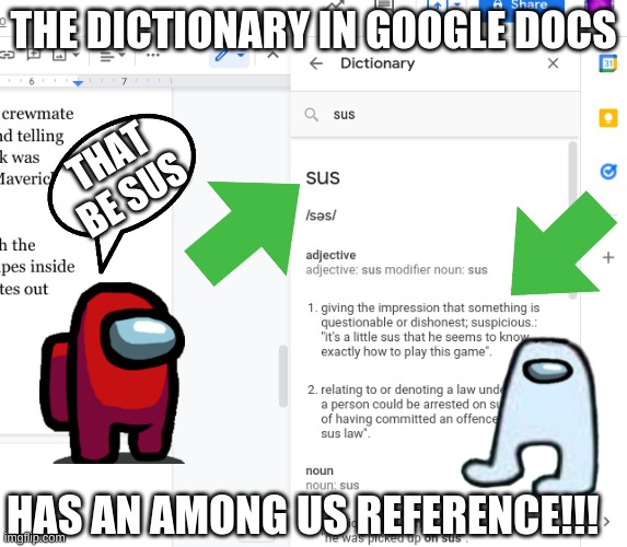 Google Docs is Still Super Sus | THE DICTIONARY IN GOOGLE DOCS; THAT BE SUS; HAS AN AMONG US REFERENCE!!! | image tagged in among us,fun | made w/ Imgflip meme maker