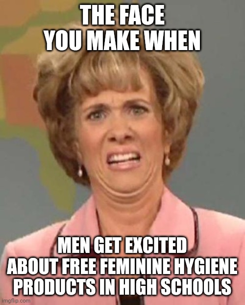 A big deal to feminists in Ontario | THE FACE YOU MAKE WHEN; MEN GET EXCITED ABOUT FREE FEMININE HYGIENE PRODUCTS IN HIGH SCHOOLS | image tagged in disgusted kristin wiig,ontario | made w/ Imgflip meme maker