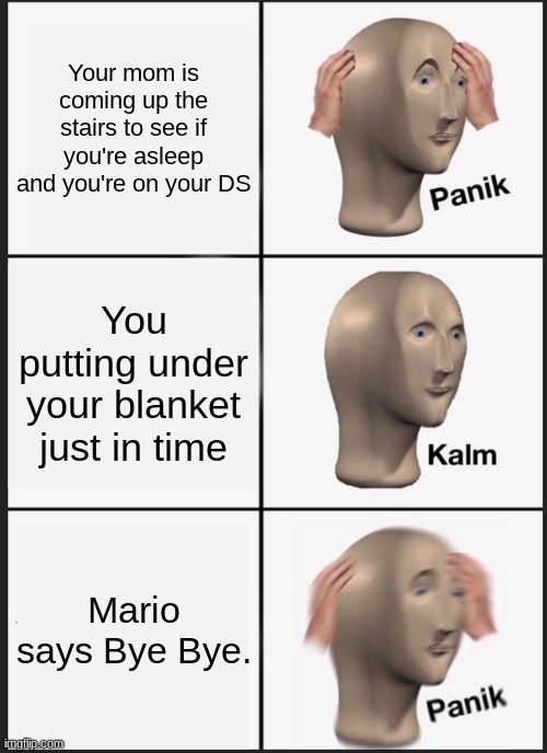 fail | Your mom is coming up the stairs to see if you're asleep and you're on your DS; You putting under your blanket just in time; Mario says Bye Bye. | image tagged in memes,panik kalm panik | made w/ Imgflip meme maker