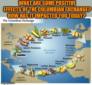 In the long term is the world better off because of European exploration? What would it be like without the United States? | WHAT ARE SOME POSITIVE EFFECTS OF THE COLUMBIAN EXCHANGE? HOW HAS IT IMPACTED YOU TODAY? Syphilis | made w/ Imgflip meme maker