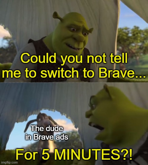 Could you not ___ for 5 MINUTES | Could you not tell me to switch to Brave... For 5 MINUTES?! The dude in Brave ads | image tagged in could you not ___ for 5 minutes | made w/ Imgflip meme maker