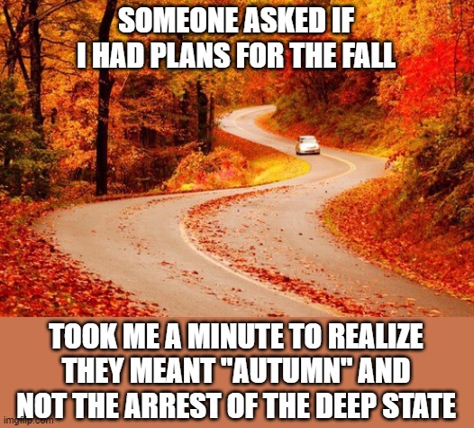 Trump reinstatement imminent. | SOMEONE ASKED IF I HAD PLANS FOR THE FALL; TOOK ME A MINUTE TO REALIZE THEY MEANT "AUTUMN" AND NOT THE ARREST OF THE DEEP STATE | image tagged in autumn road,deep state,nwo cabal | made w/ Imgflip meme maker