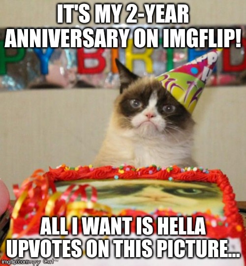 PLEASEEE!!! | IT'S MY 2-YEAR ANNIVERSARY ON IMGFLIP! ALL I WANT IS HELLA UPVOTES ON THIS PICTURE... | image tagged in memes,grumpy cat birthday,grumpy cat | made w/ Imgflip meme maker