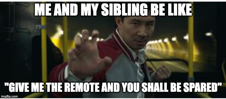 shang chi |  ME AND MY SIBLING BE LIKE; "GIVE ME THE REMOTE AND YOU SHALL BE SPARED" | image tagged in lolz | made w/ Imgflip meme maker