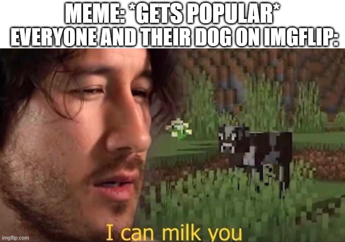 I can milk you (template) | EVERYONE AND THEIR DOG ON IMGFLIP:; MEME: *GETS POPULAR* | image tagged in i can milk you template | made w/ Imgflip meme maker