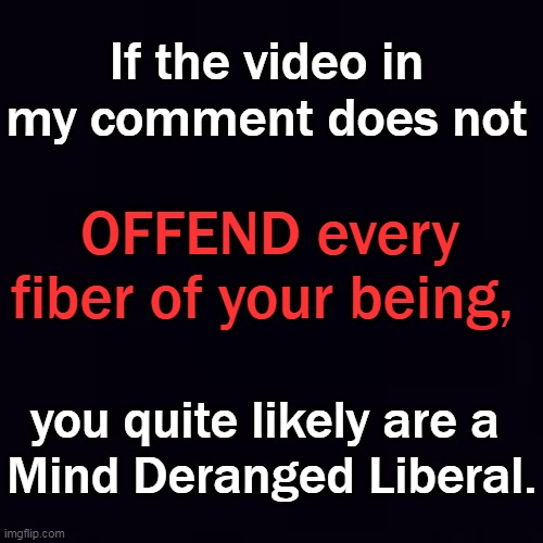 Plain black | If the video in my comment does not you quite likely are a 

Mind Deranged Liberal. OFFEND every fiber of your being, | image tagged in plain black | made w/ Imgflip meme maker