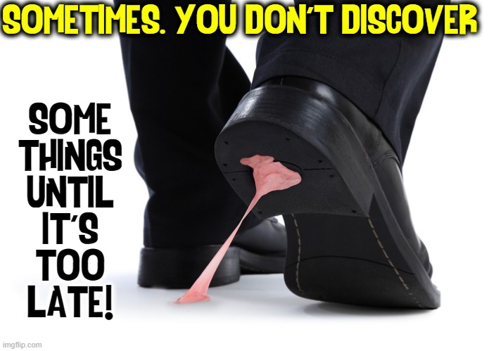 Pet Peeve #11: Always Dispose of Gum Properly | SOME
THINGS
UNTIL
IT'S
TOO
LATE! SOMETIMES. YOU DON'T DISCOVER | image tagged in vince vance,chewing gum,gum,stuck,shoes,memes | made w/ Imgflip meme maker